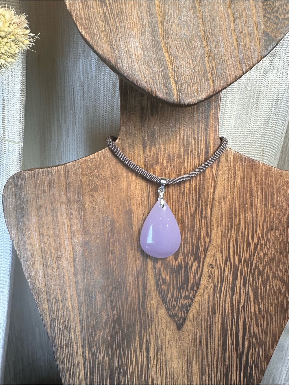 Lavender Teardrop Pendant Necklace on Brown Rope - Picture 14 of 15